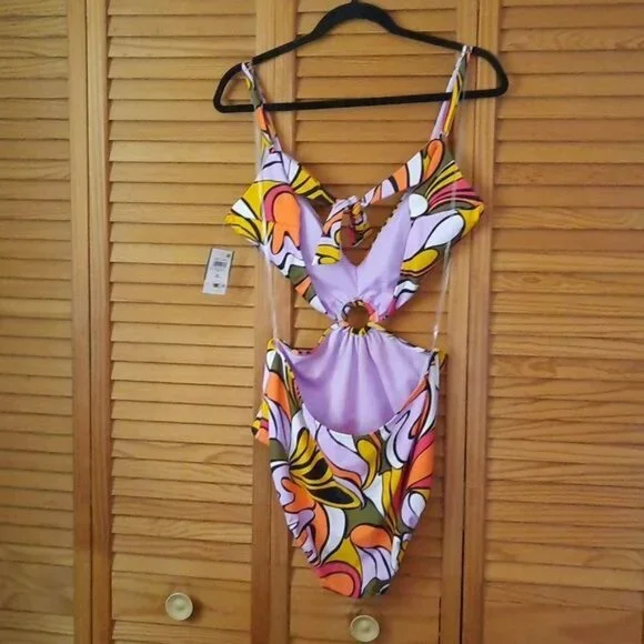 Bar lll  Macy's 70's Vibe Check Ring Monokini Swimsuit Swimwear Size XL - Picture 2 of 12